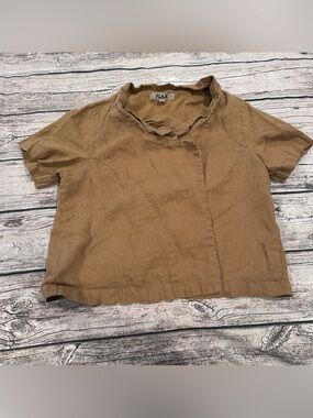 Flax Warm Tan Linen One Button Short Sleeved Cardigan Size Small